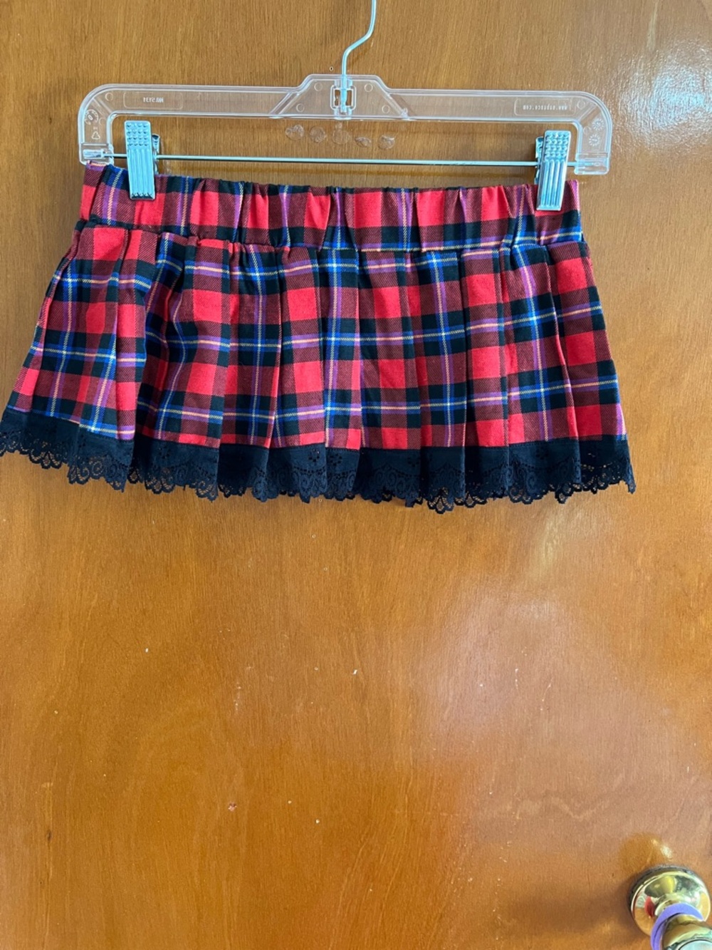 Red Plaid Mini Dress with Black Lace Trim